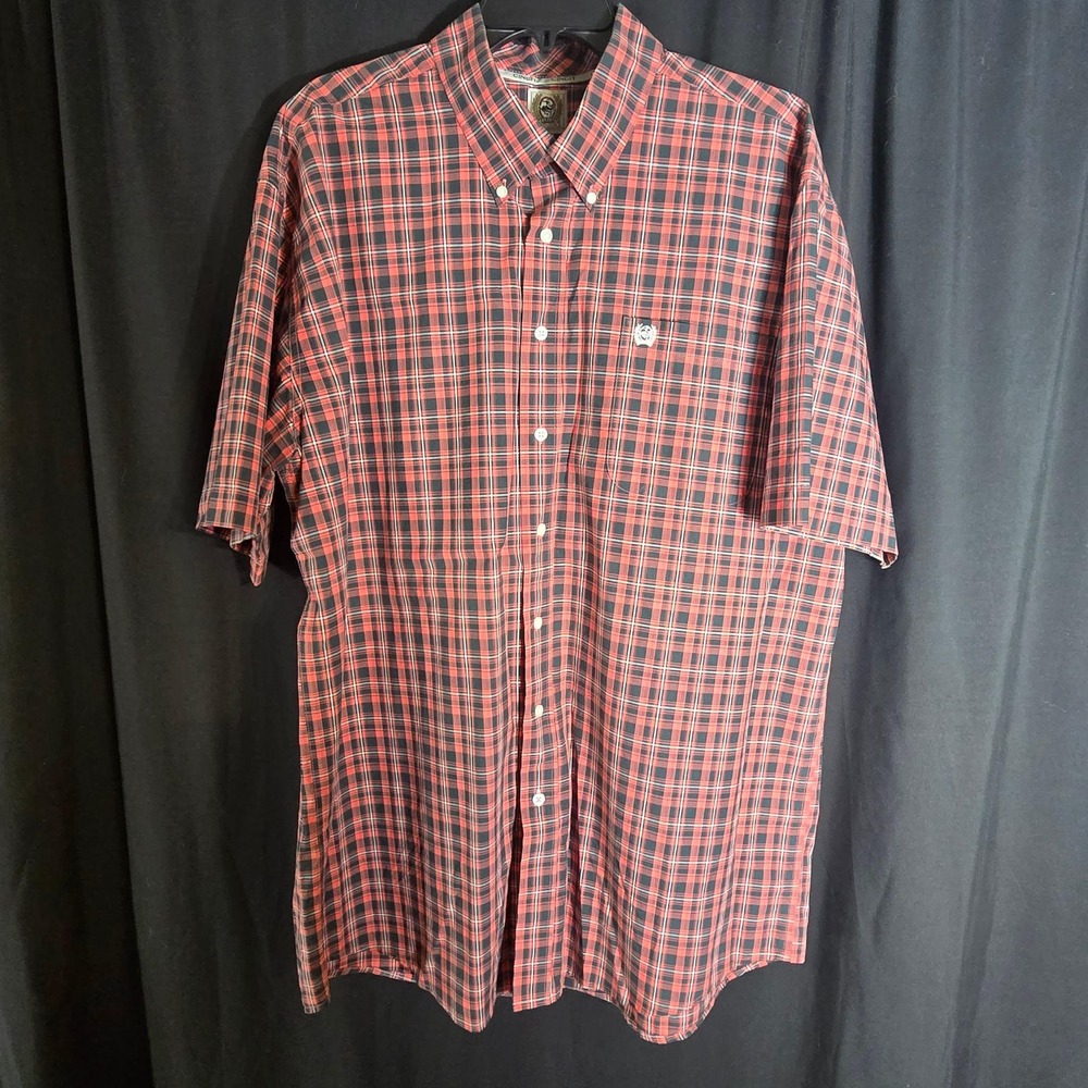 Cinch Mens XL Short Sleeve Plaid Western Button Down Shirt Red Black Cotton